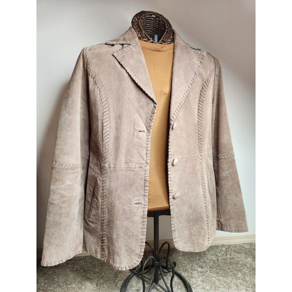 Taupe Suede Button Jacket Sz. Large Western Stitch Detail Country Chic Blazer - Picture 2 of 11